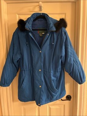 Preston & York Bright Blue Quilted Puffer Coat with Faux Fur Trim